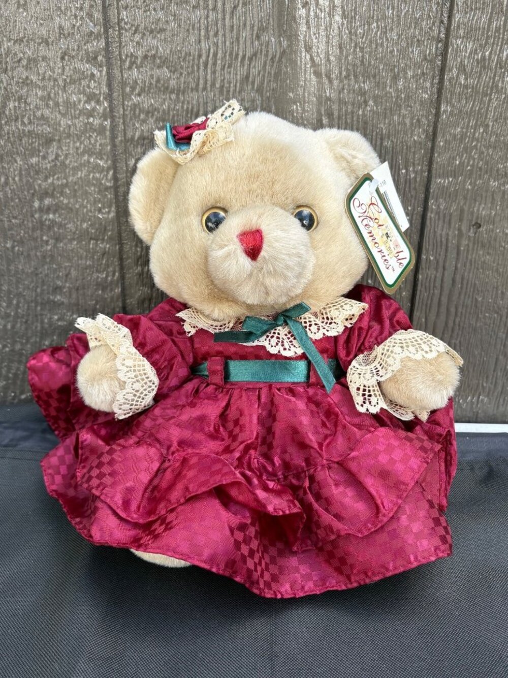 Vintage Collectible Memories Plush Teddy Bear Burgundy Dress Lace Trim NOS Kmart